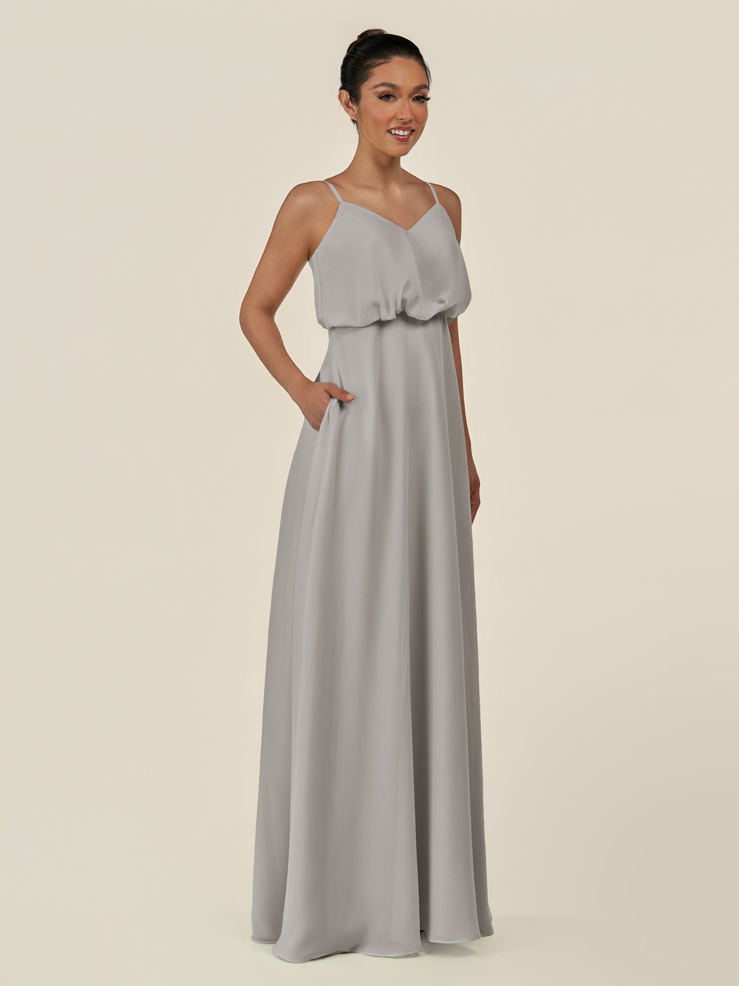 KissDress-Alix Silver A Line Chiffon V Neck Ruffled Overlay Long Bridesmaid Dress