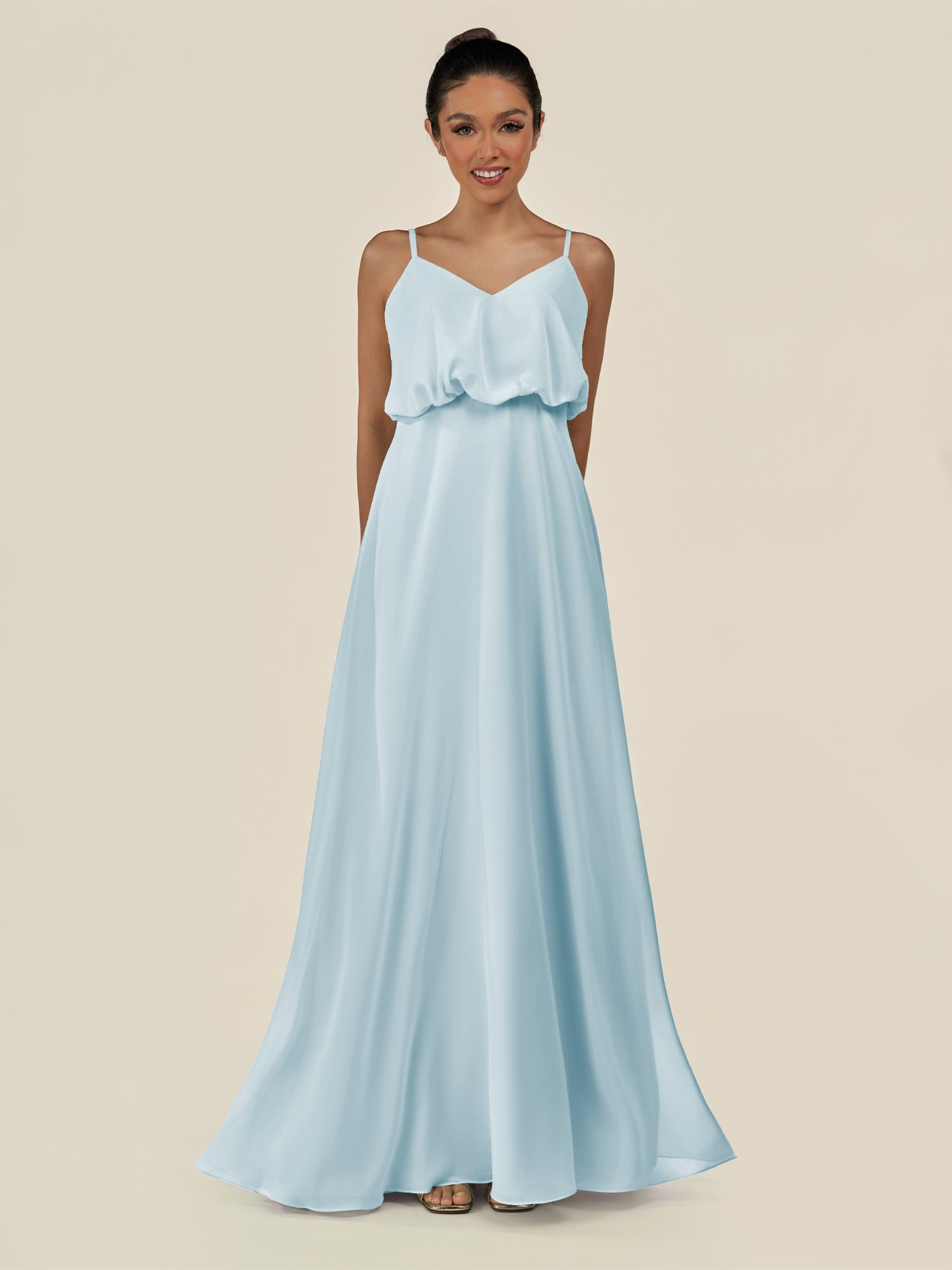 KissDress-Alix Sky Blue A Line Chiffon V Neck Ruffled Overlay Long Bridesmaid Dress