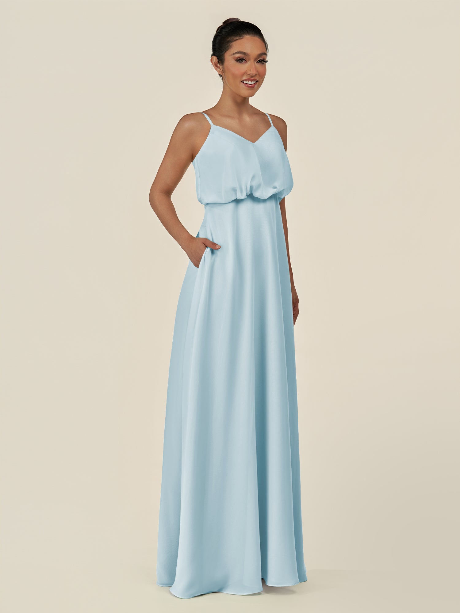 KissDress-Alix Sky Blue A Line Chiffon V Neck Ruffled Overlay Long Bridesmaid Dress