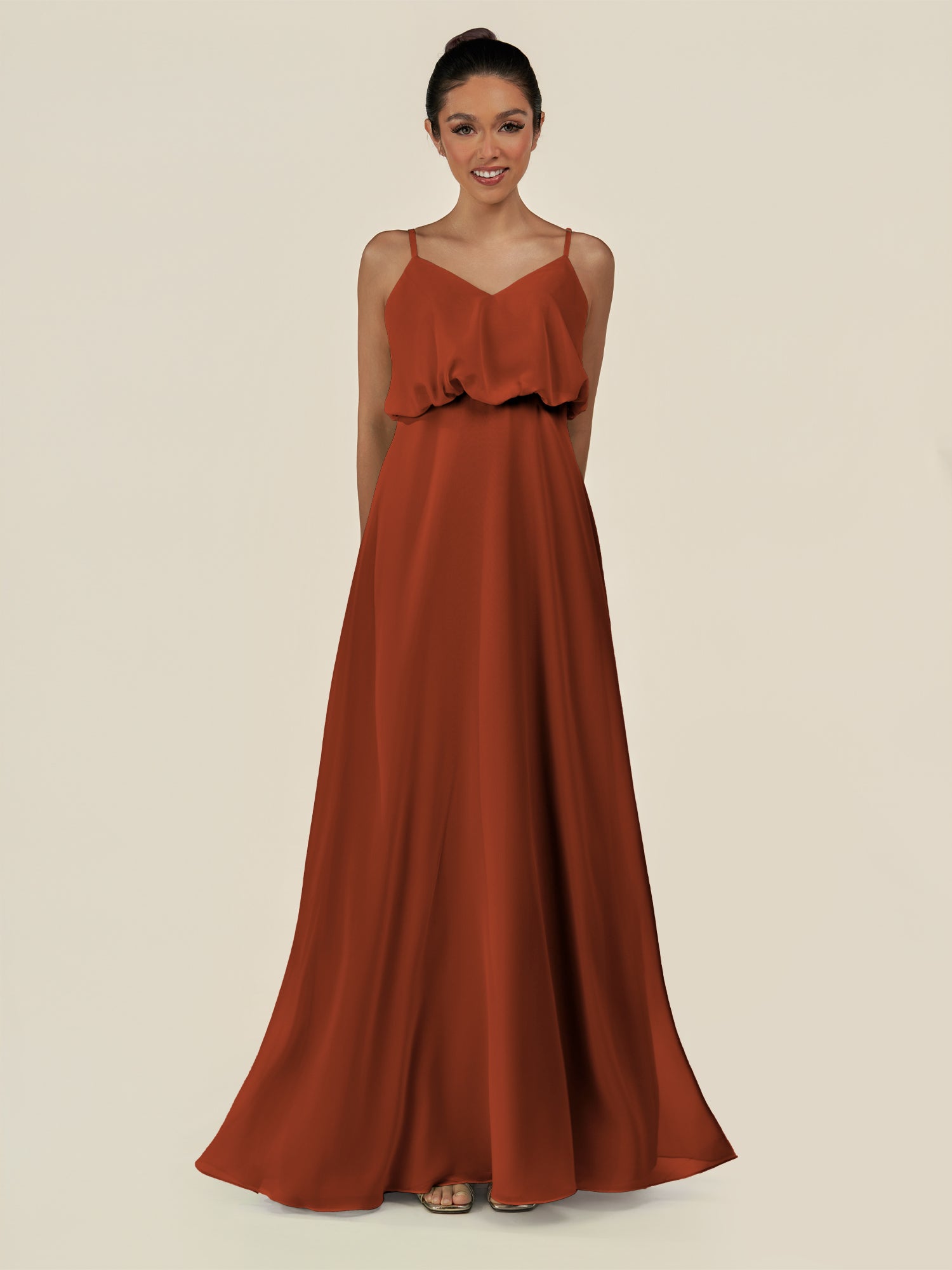 KissDress-Alix Spice A Line Chiffon V Neck Ruffled Overlay Long Bridesmaid Dress