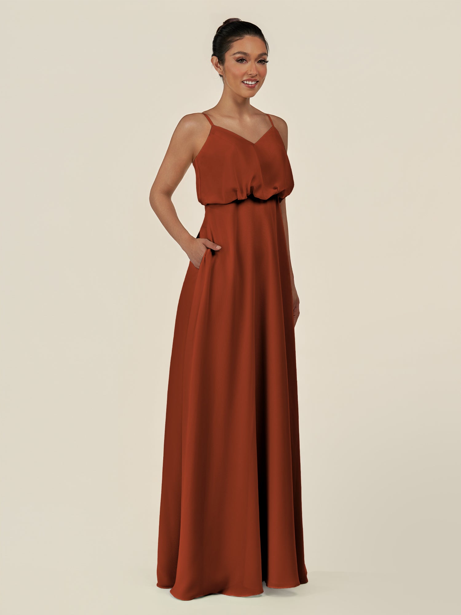 KissDress-Alix Spice A Line Chiffon V Neck Ruffled Overlay Long Bridesmaid Dress
