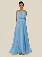 KissDress-Alix Steel Blue A Line Chiffon V Neck Ruffled Overlay Long Bridesmaid Dress