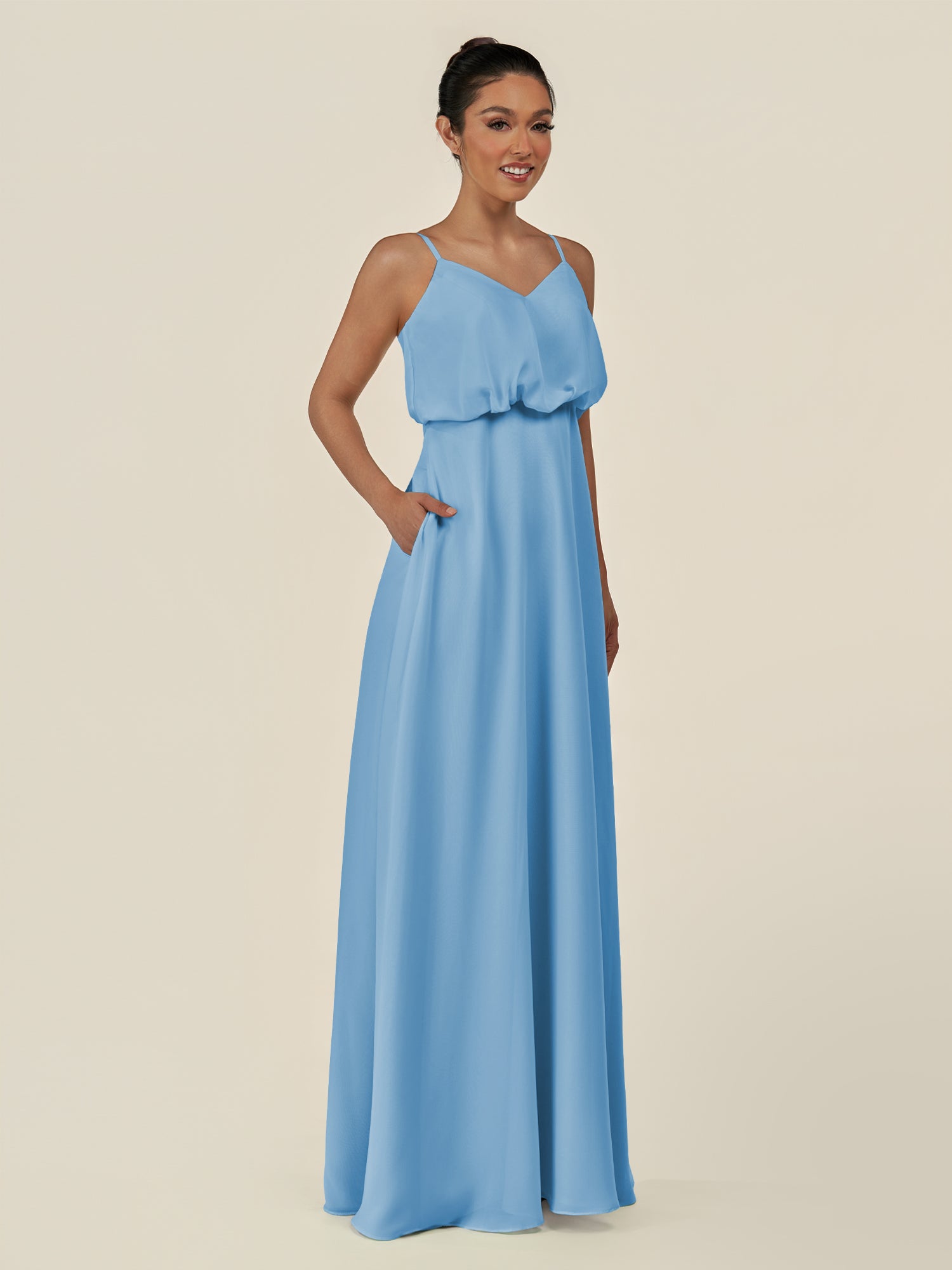 KissDress-Alix Steel Blue A Line Chiffon V Neck Ruffled Overlay Long Bridesmaid Dress