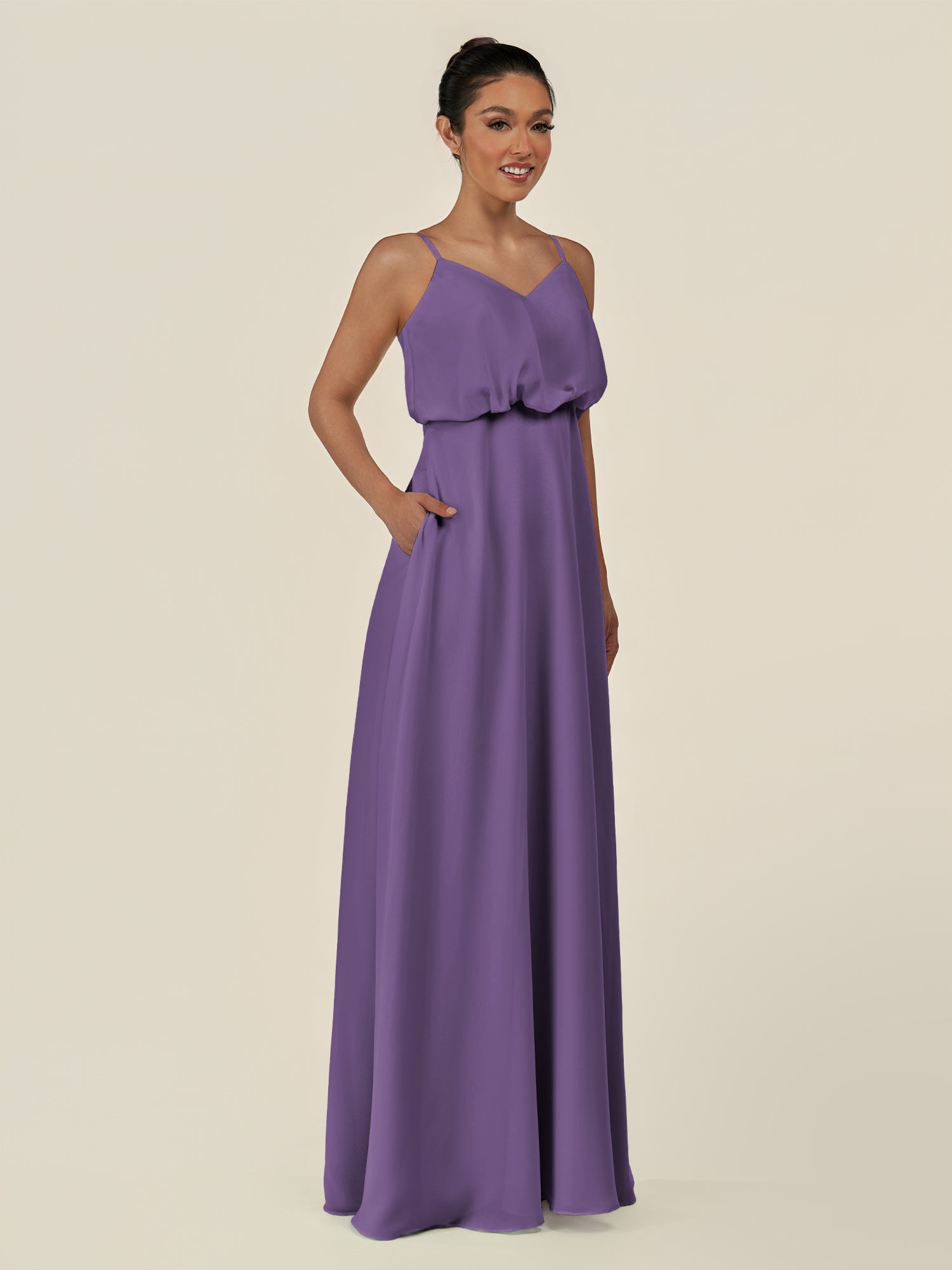 KissDress-Alix Tahiti A Line Chiffon V Neck Ruffled Overlay Long Bridesmaid Dress