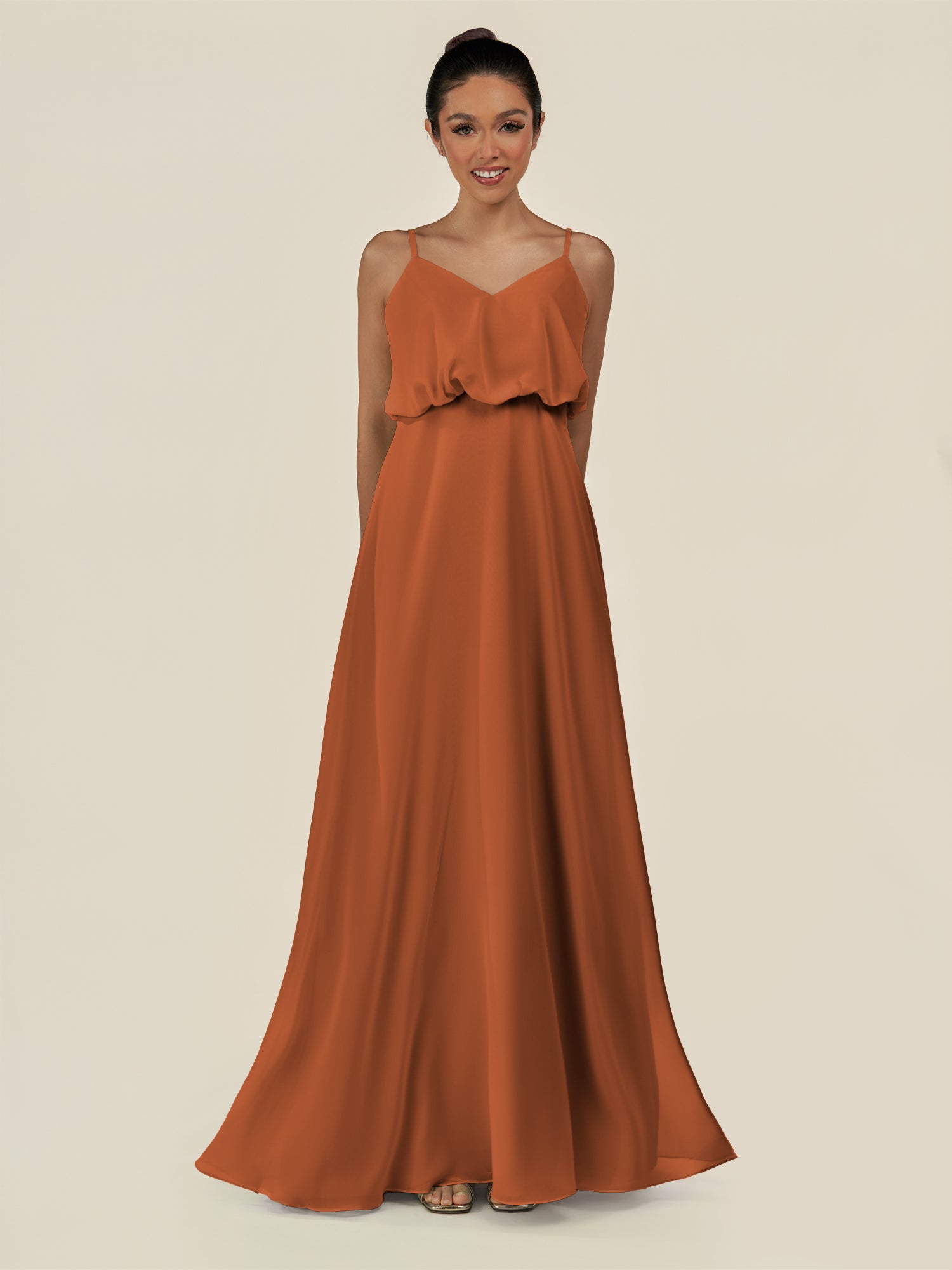 KissDress-Alix Terracotta A Line Chiffon V Neck Ruffled Overlay Long Bridesmaid Dress