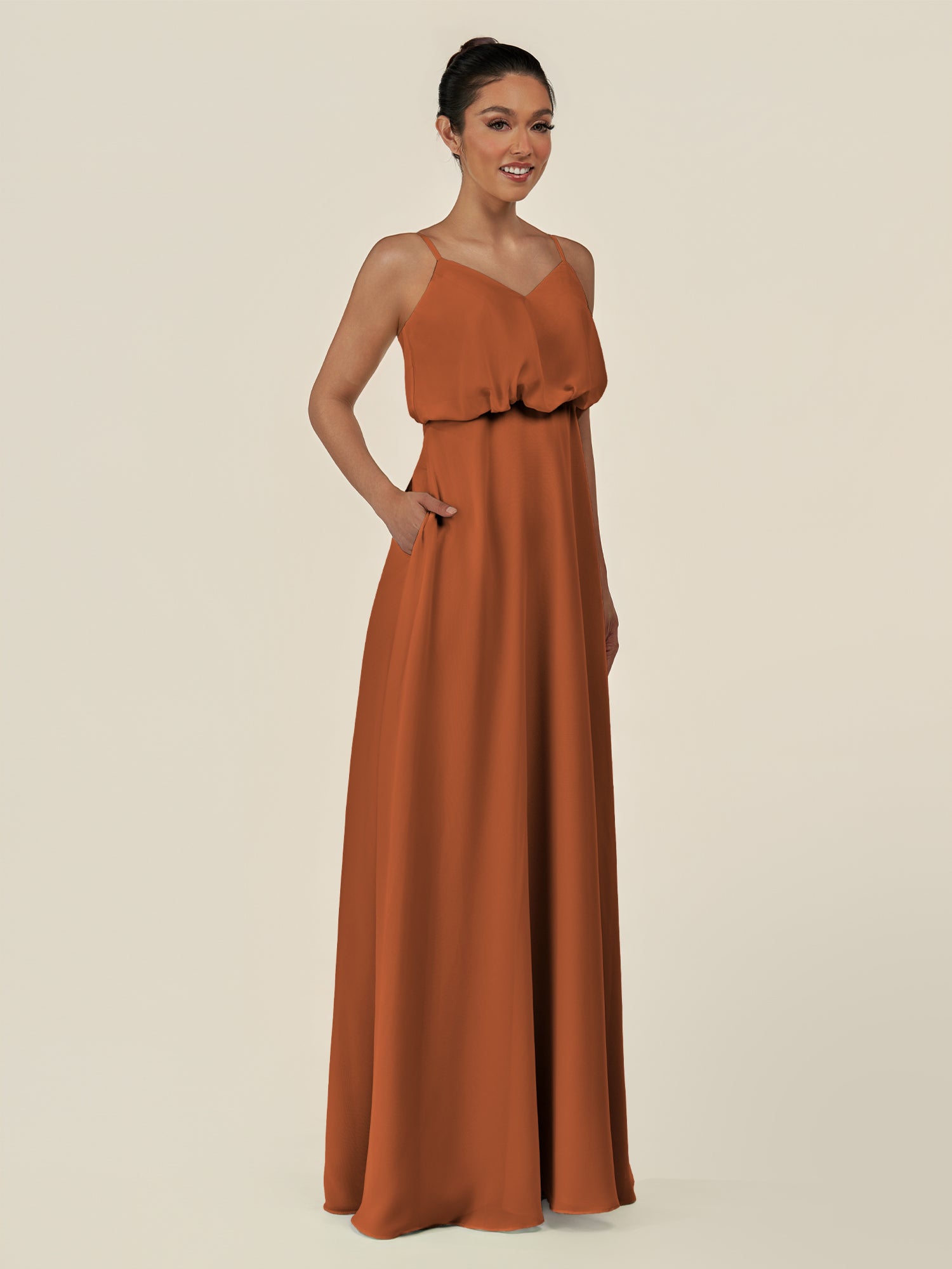 KissDress-Alix Terracotta A Line Chiffon V Neck Ruffled Overlay Long Bridesmaid Dress