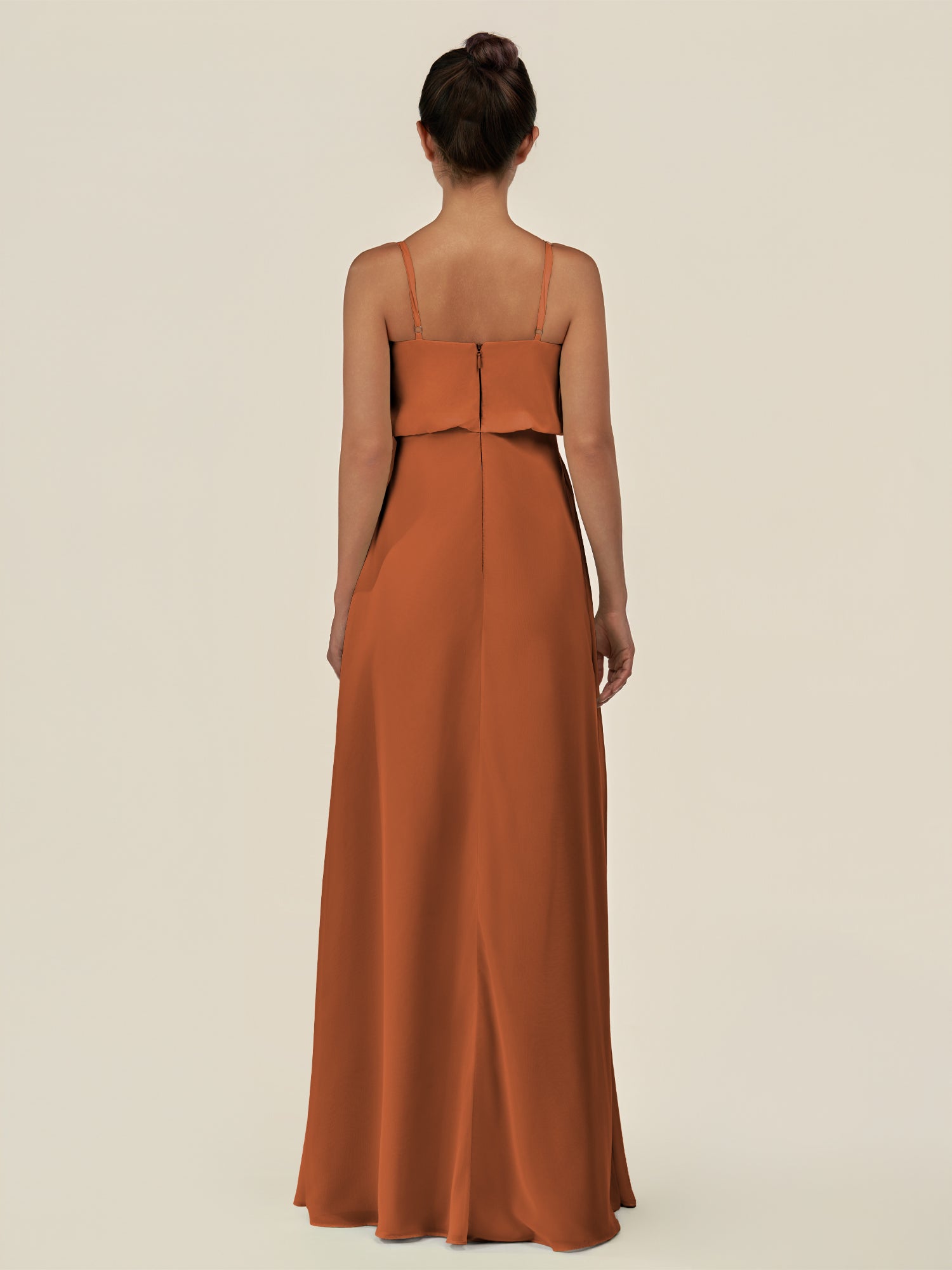 KissDress-Alix Terracotta A Line Chiffon V Neck Ruffled Overlay Long Bridesmaid Dress