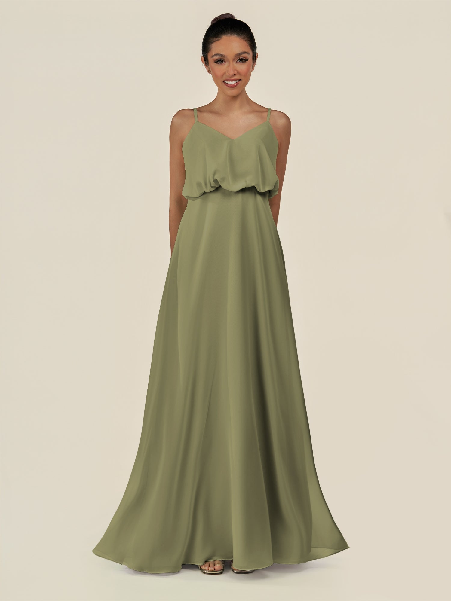 KissDress-Alix Thyme A Line Chiffon V Neck Ruffled Overlay Long Bridesmaid Dress