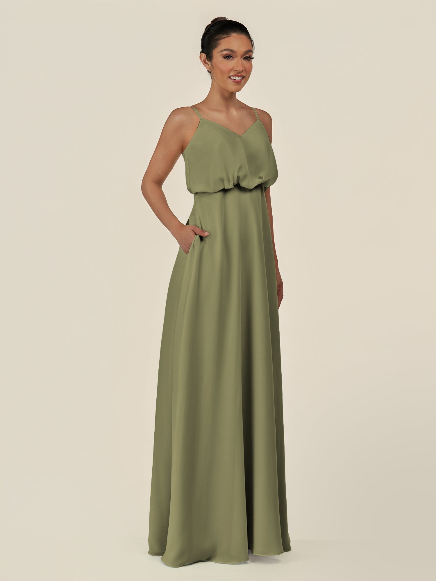 KissDress-Alix Thyme A Line Chiffon V Neck Ruffled Overlay Long Bridesmaid Dress