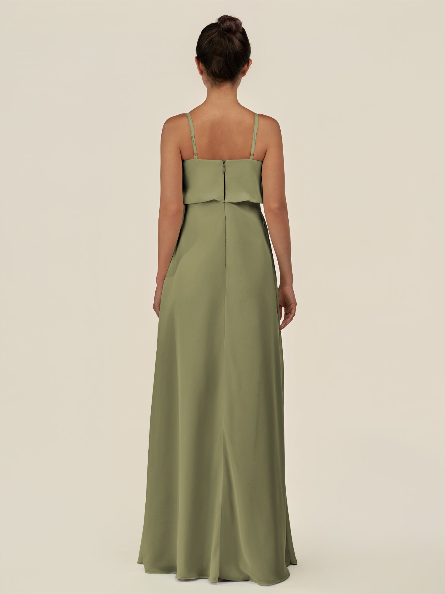 KissDress-Alix Thyme A Line Chiffon V Neck Ruffled Overlay Long Bridesmaid Dress