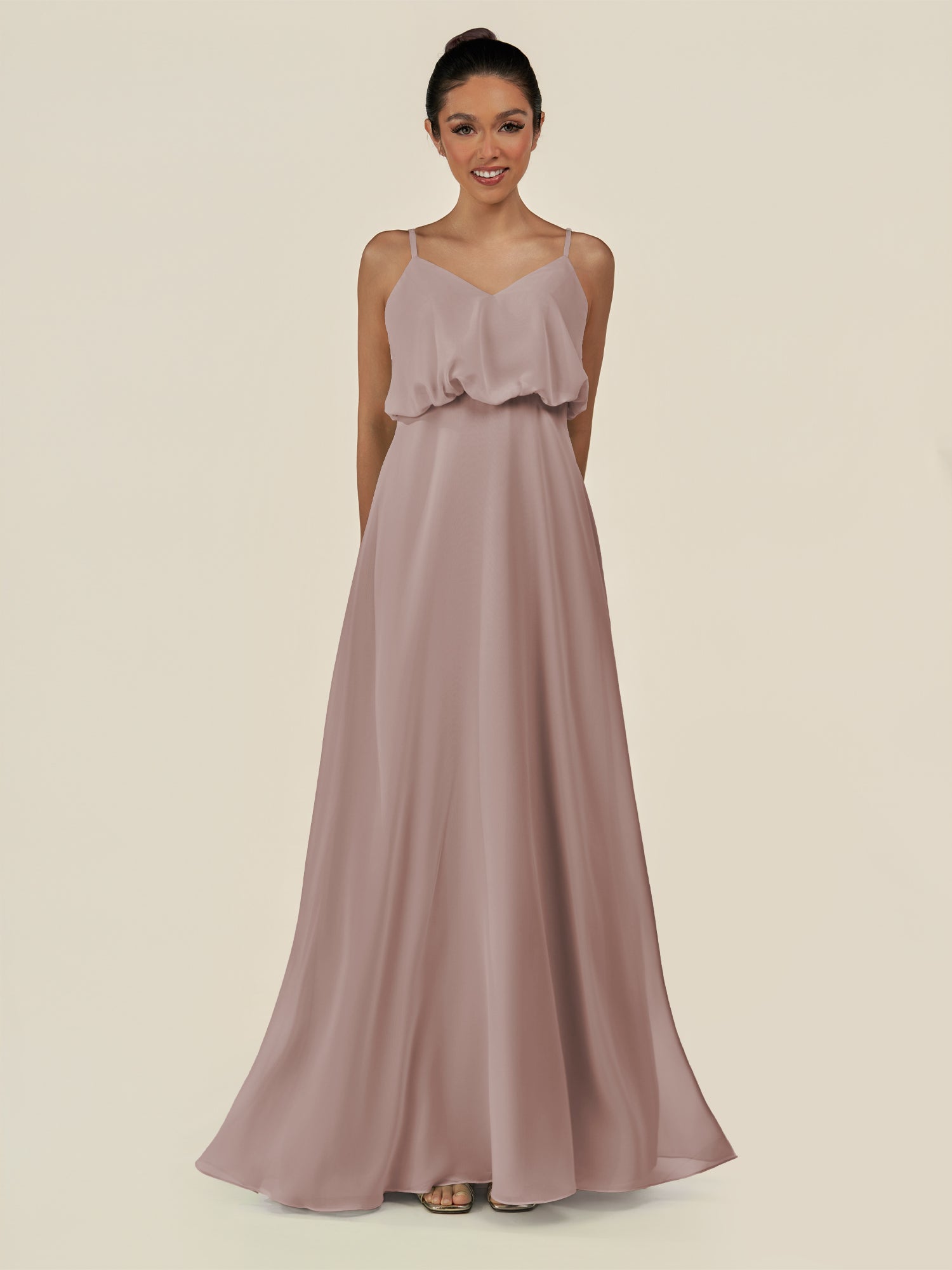 KissDress-Alix Toffee A Line Chiffon V Neck Ruffled Overlay Long Bridesmaid Dress