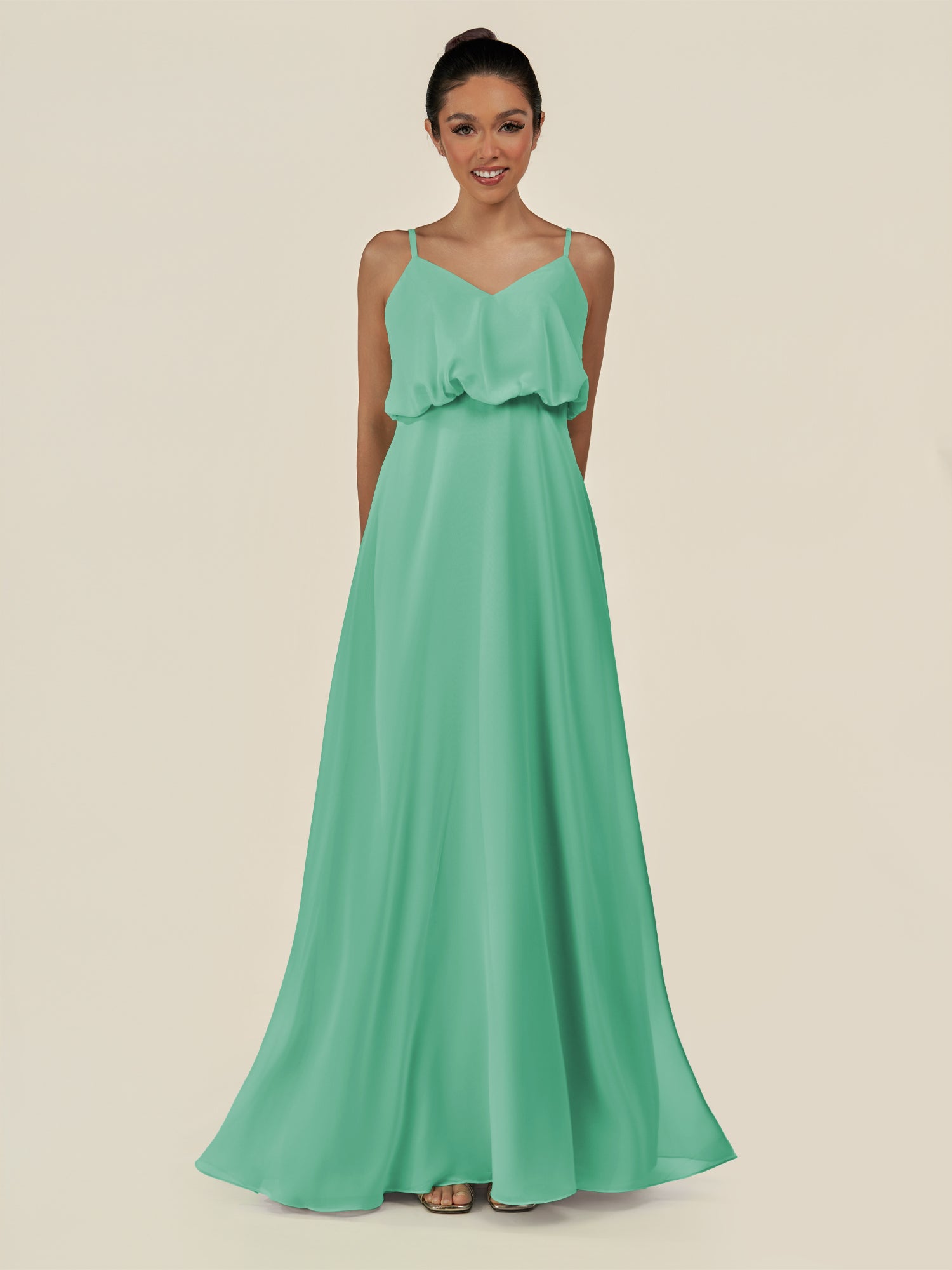 KissDress-Alix Turquoise A Line Chiffon V Neck Ruffled Overlay Long Bridesmaid Dress