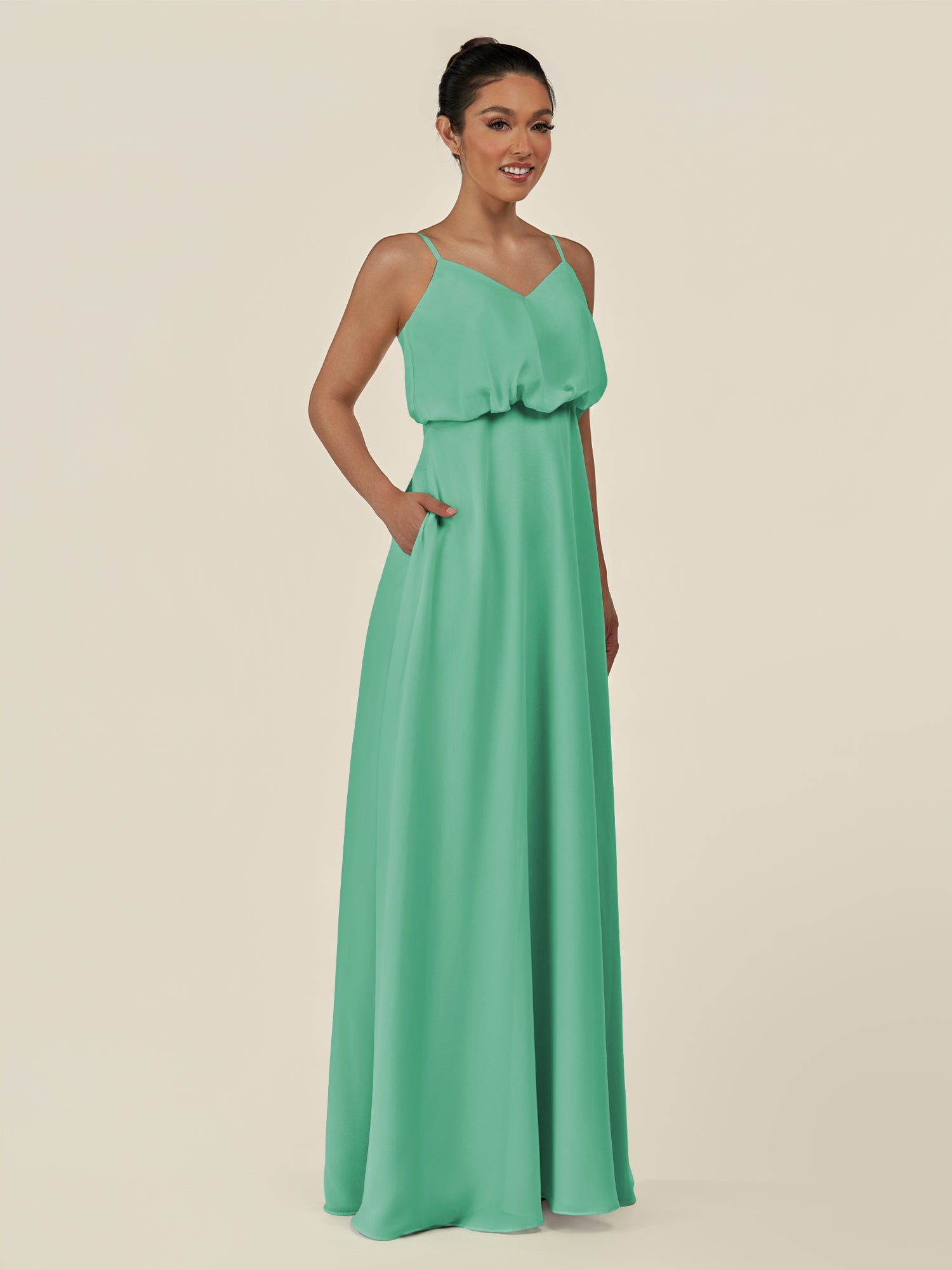 KissDress-Alix Turquoise A Line Chiffon V Neck Ruffled Overlay Long Bridesmaid Dress