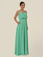 KissDress-Alix Turquoise A Line Chiffon V Neck Ruffled Overlay Long Bridesmaid Dress