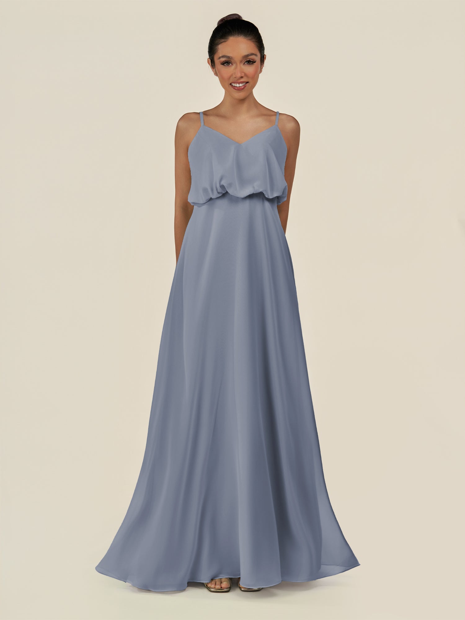 KissDress-Alix Twilight A Line Chiffon V Neck Ruffled Overlay Long Bridesmaid Dress