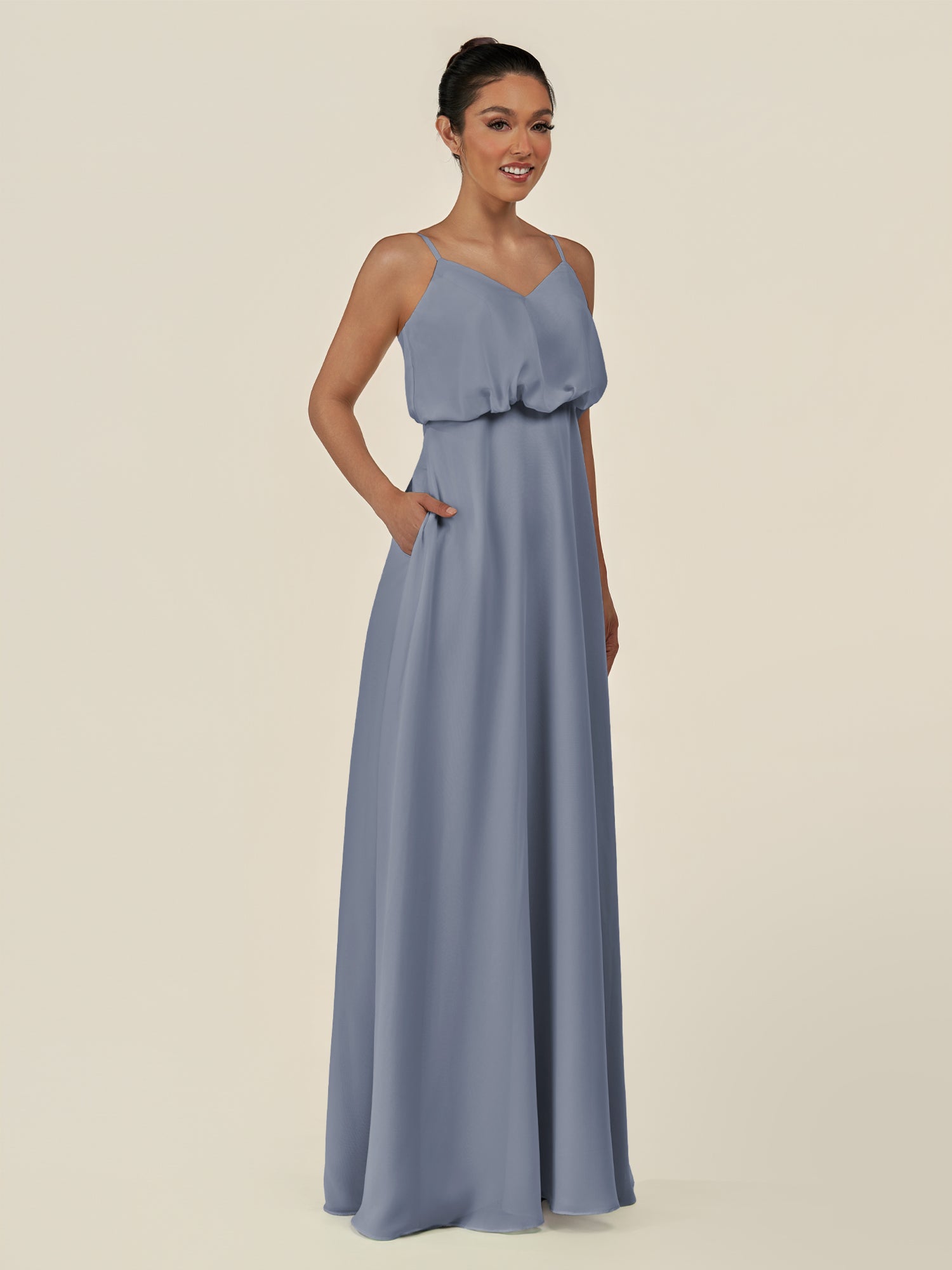 KissDress-Alix Twilight A Line Chiffon V Neck Ruffled Overlay Long Bridesmaid Dress
