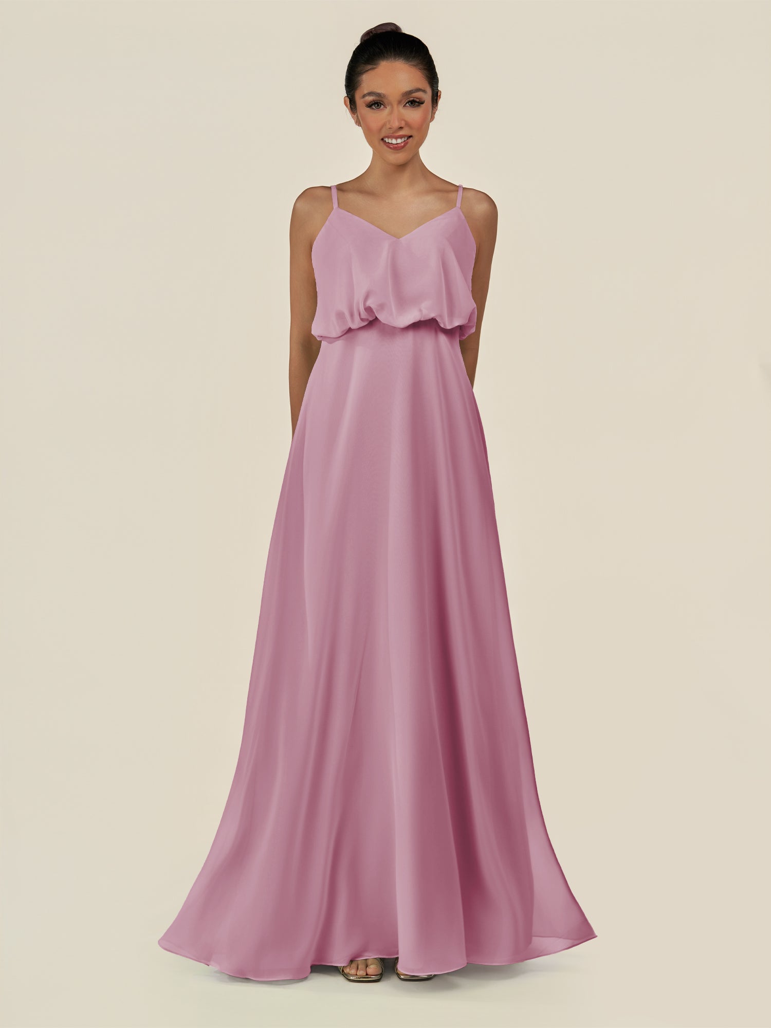KissDress-Alix Vintage Mauve A Line Chiffon V Neck Ruffled Overlay Long Bridesmaid Dress