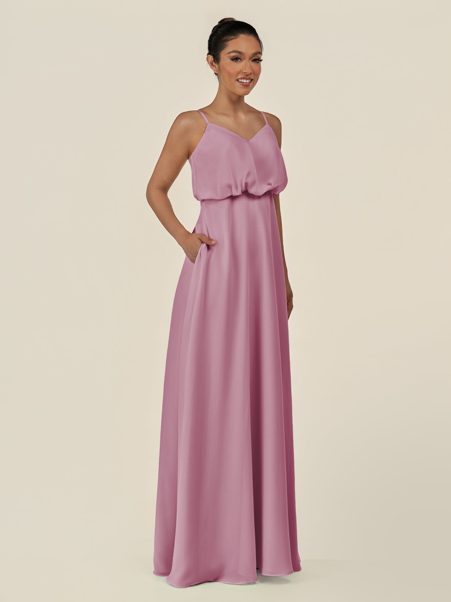 KissDress-Alix Vintage Mauve A Line Chiffon V Neck Ruffled Overlay Long Bridesmaid Dress