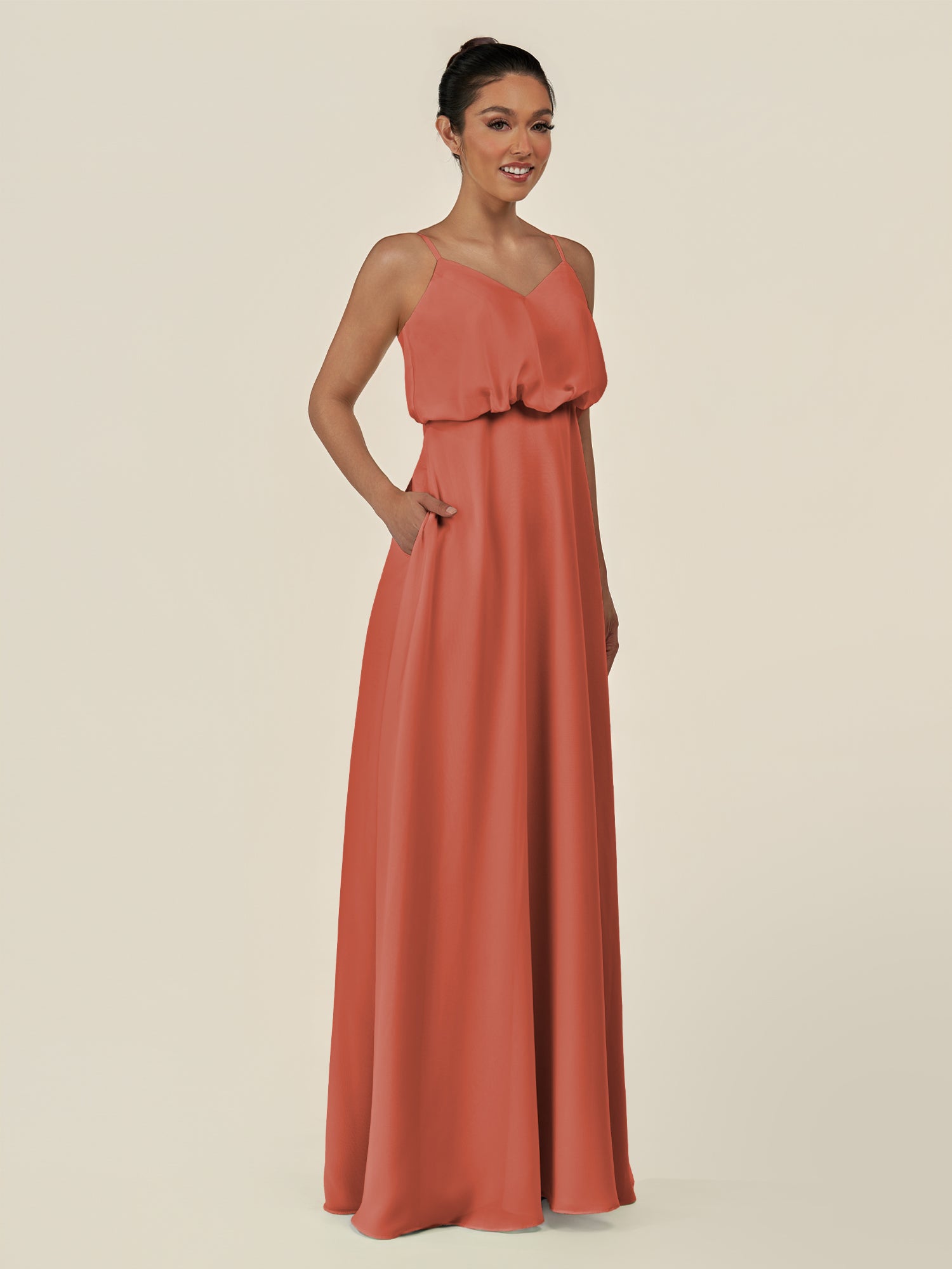KissDress-Alix Wild Rose A Line Chiffon V Neck Ruffled Overlay Long Bridesmaid Dress