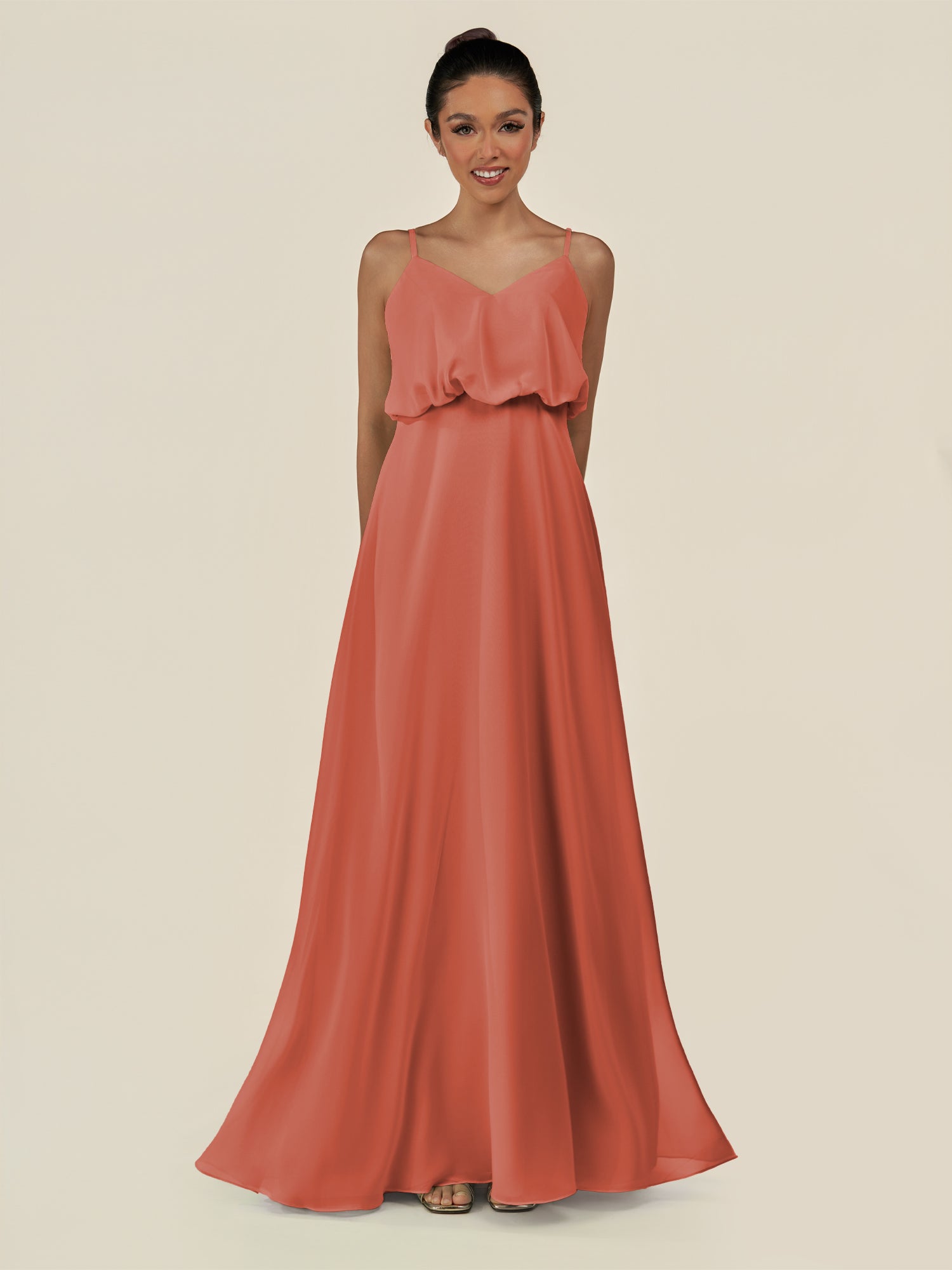 KissDress-Alix Wild Rose A Line Chiffon V Neck Ruffled Overlay Long Bridesmaid Dress
