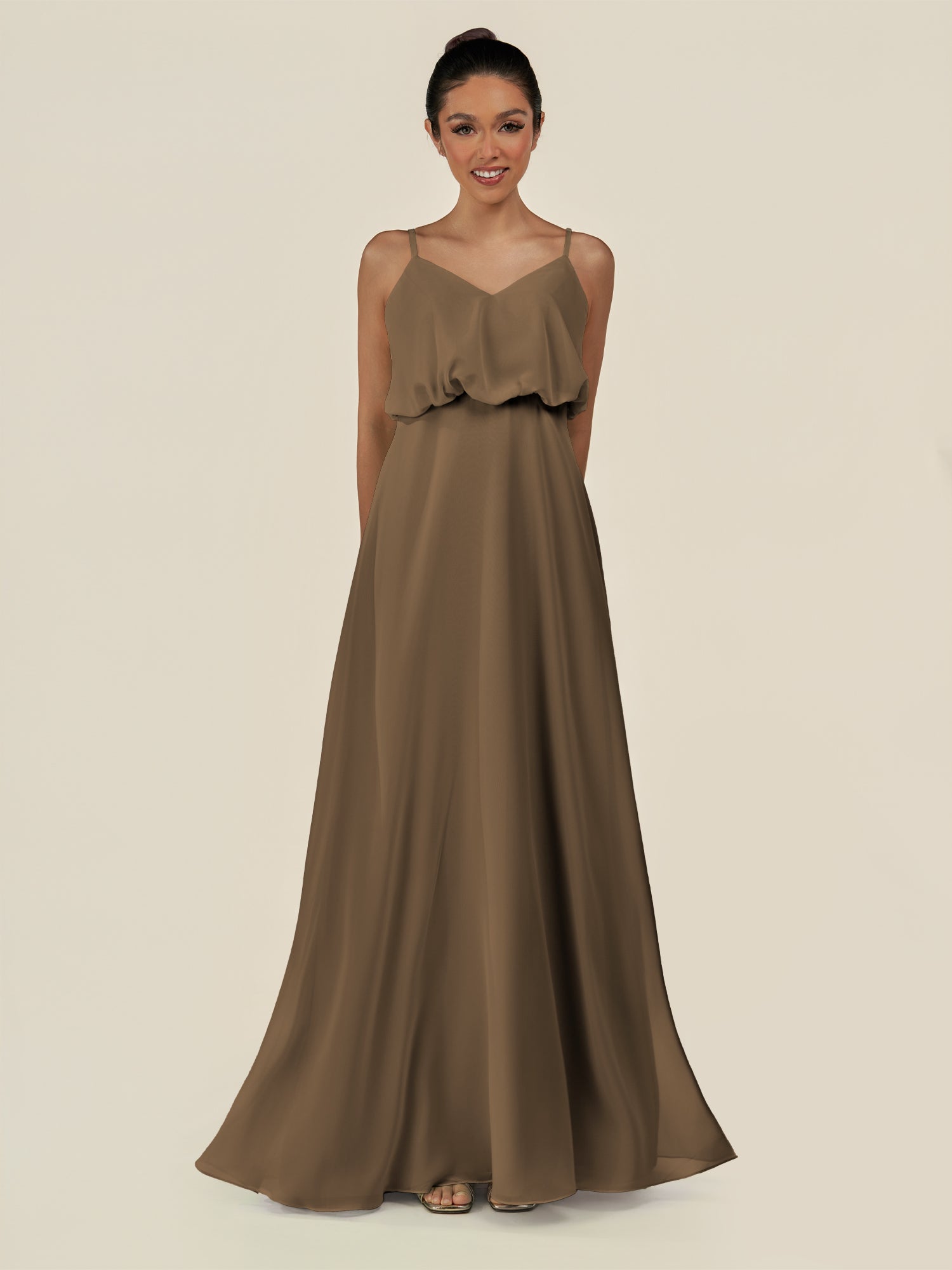 KissDress-Alix Willow Green A Line Chiffon V Neck Ruffled Overlay Long Bridesmaid Dress