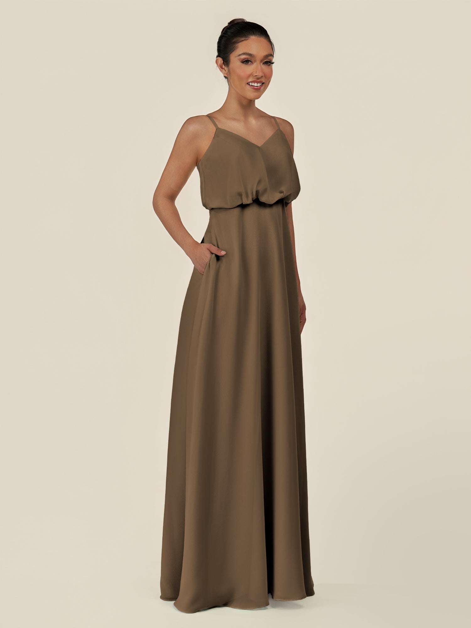 KissDress-Alix Willow Green A Line Chiffon V Neck Ruffled Overlay Long Bridesmaid Dress