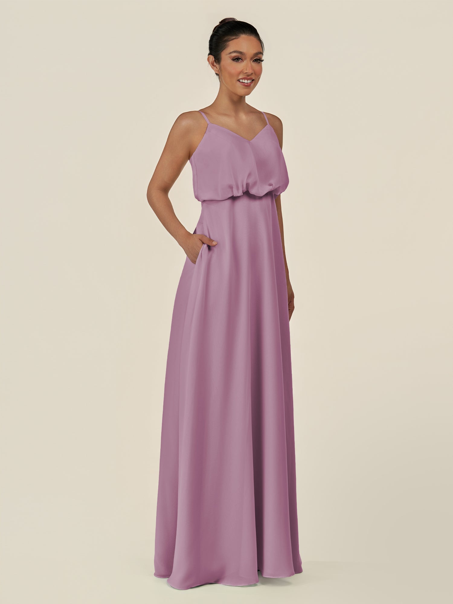 KissDress-Alix Wisteria A Line Chiffon V Neck Ruffled Overlay Long Bridesmaid Dress