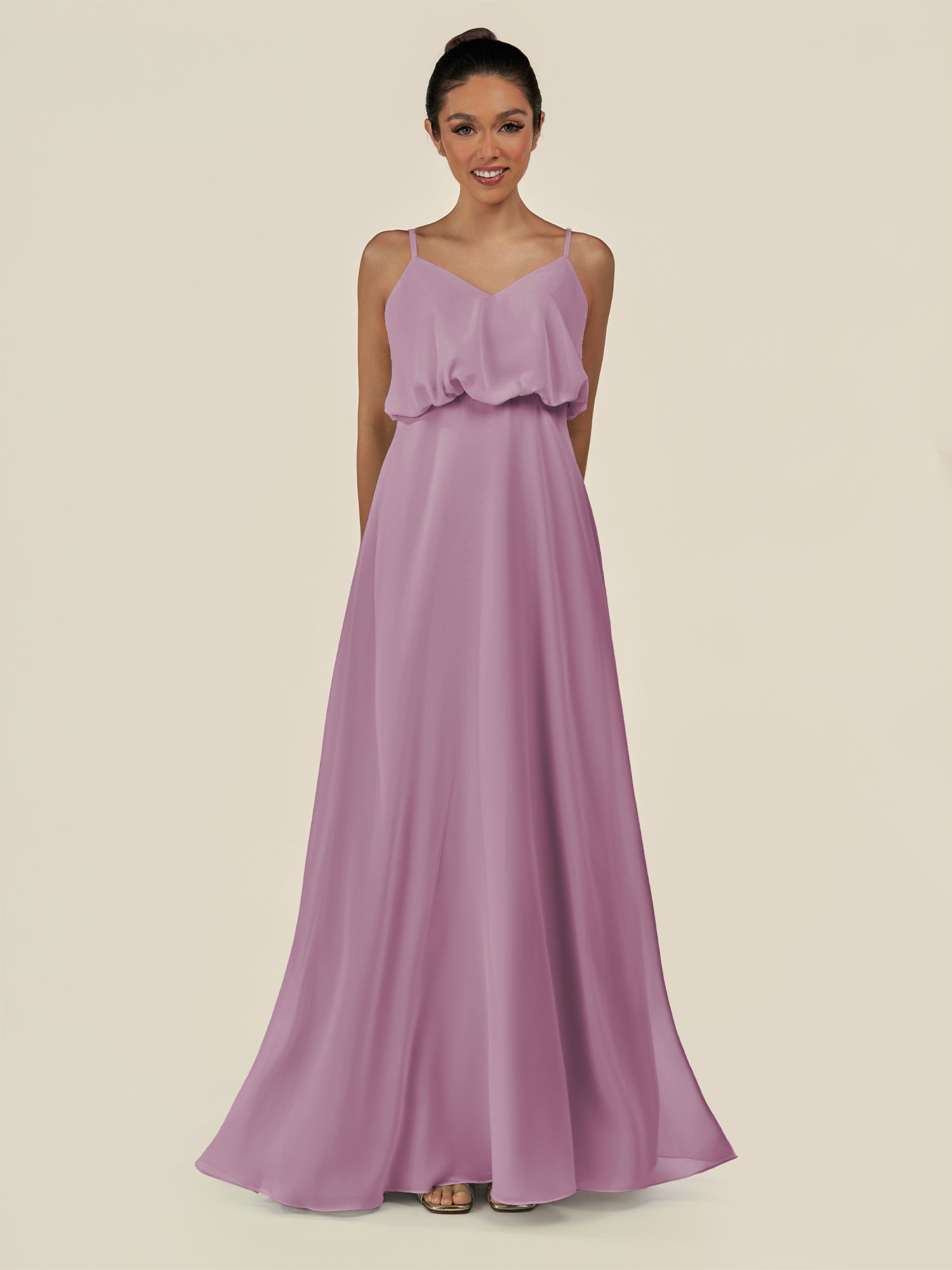 KissDress-Alix Wisteria A Line Chiffon V Neck Ruffled Overlay Long Bridesmaid Dress