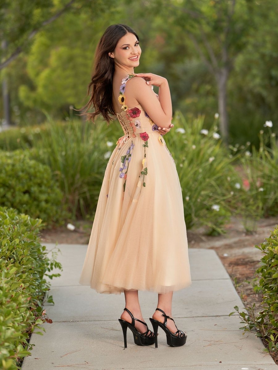 Amabel | 3D Flower Tulle Ankle Length Prom Dresses - KissProm