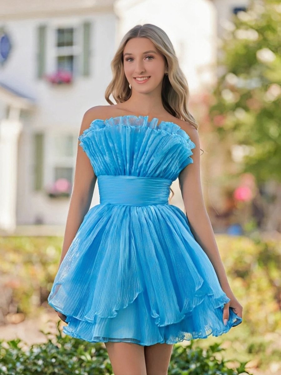 Amaia | Blue A - Line Strapless Pleated Short Tiered Homecoming Dress - KissProm