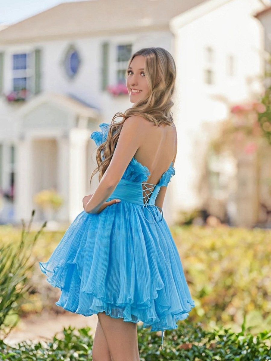 Amaia | Blue A - Line Strapless Pleated Short Tiered Homecoming Dress - KissProm