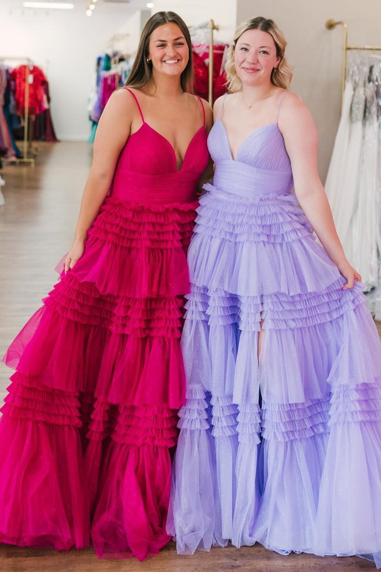 A-Line Spaghetti Straps Long Tiered Tulle Prom Dress With Split