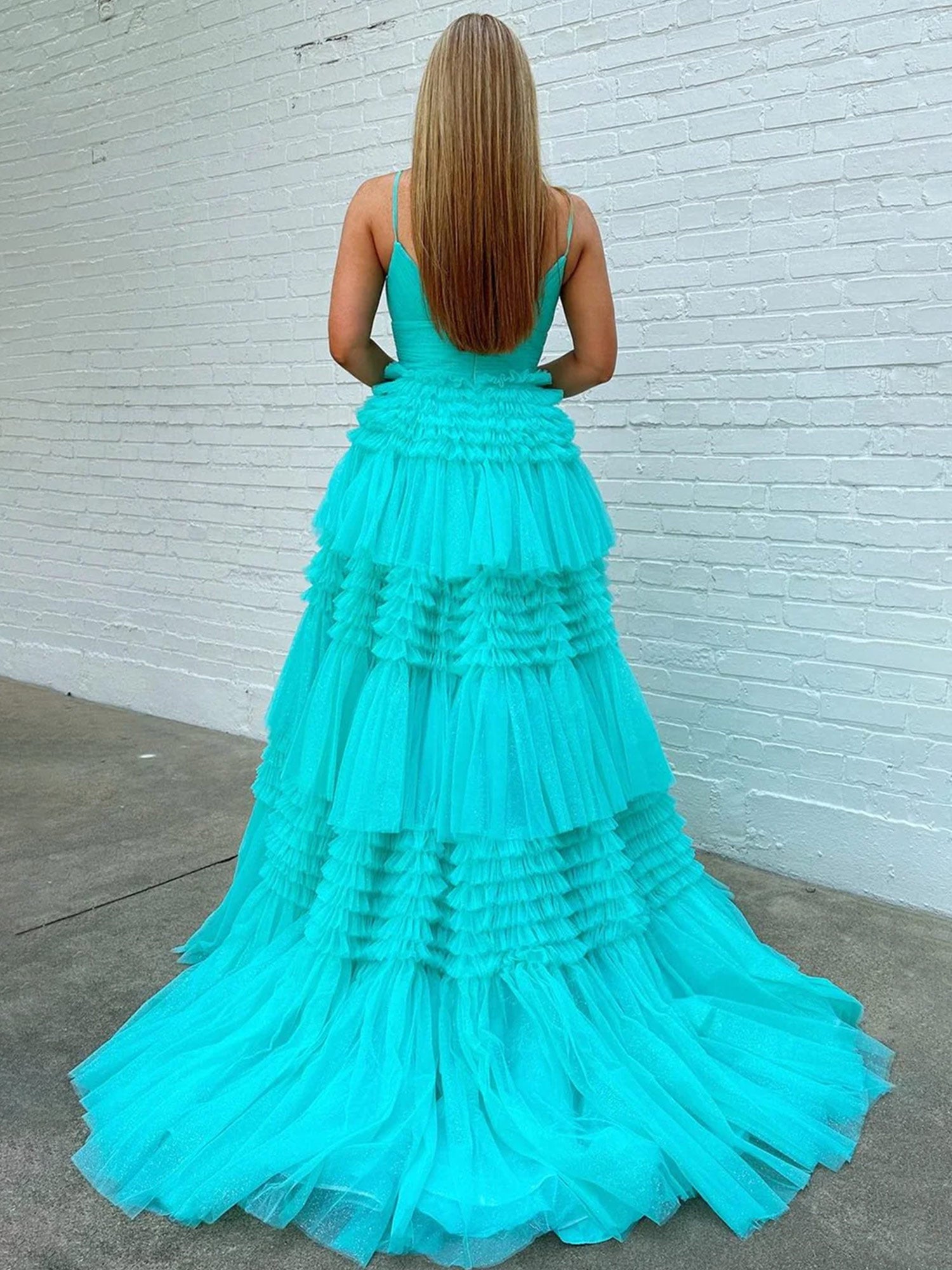 A-Line Spaghetti Straps Long Tiered Tulle Prom Dress With Split