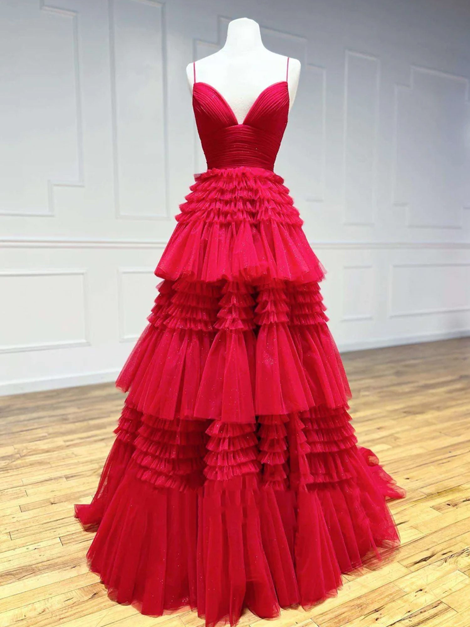 A-Line Spaghetti Straps Long Tiered Tulle Prom Dress With Split