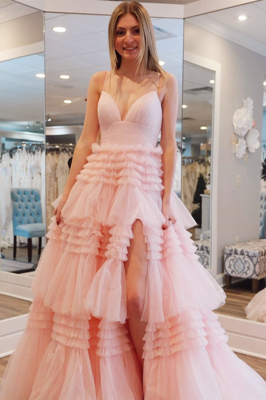 A-Line Spaghetti Straps Long Tiered Tulle Prom Dress With Split