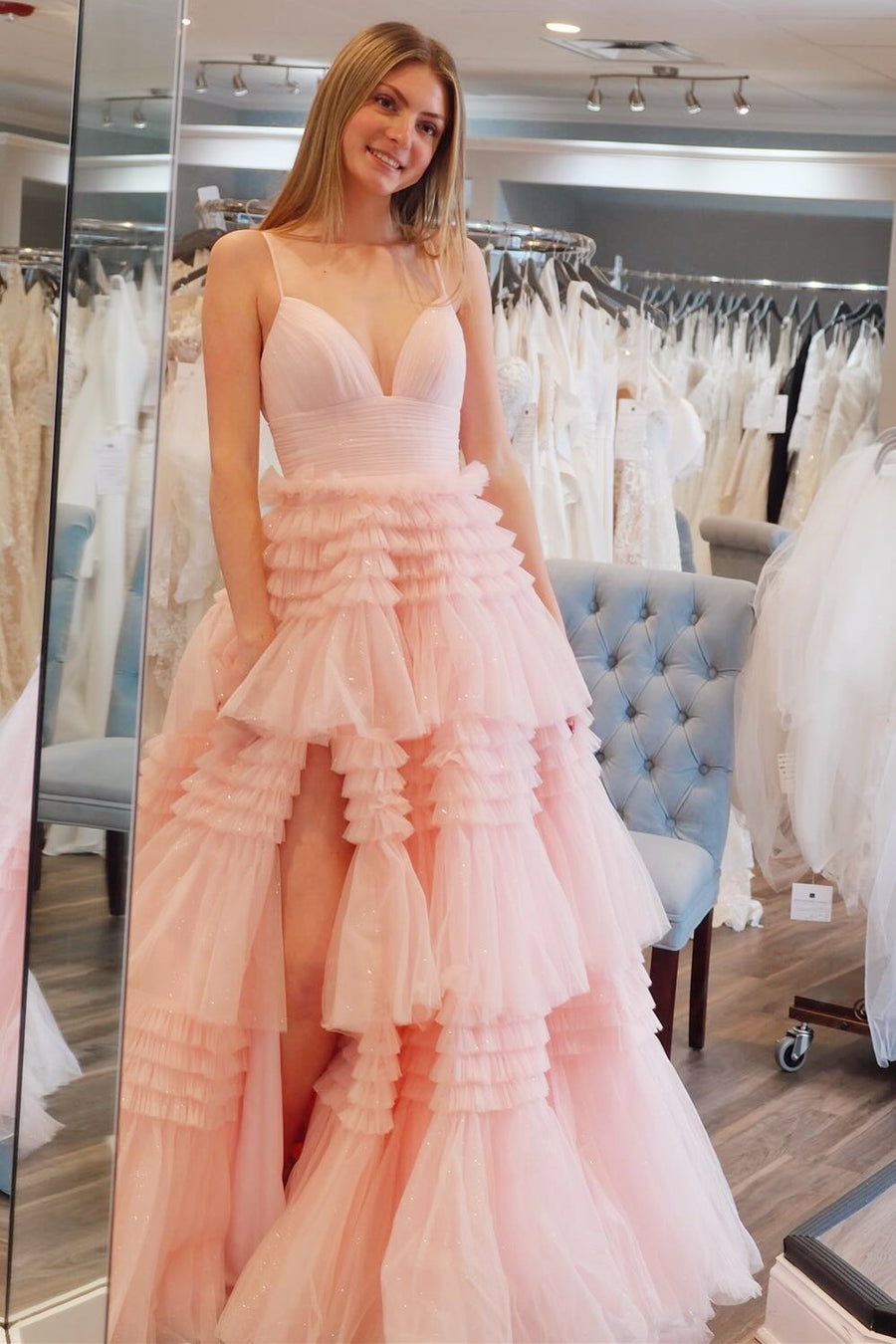 A-Line Spaghetti Straps Long Tiered Tulle Prom Dress With Split