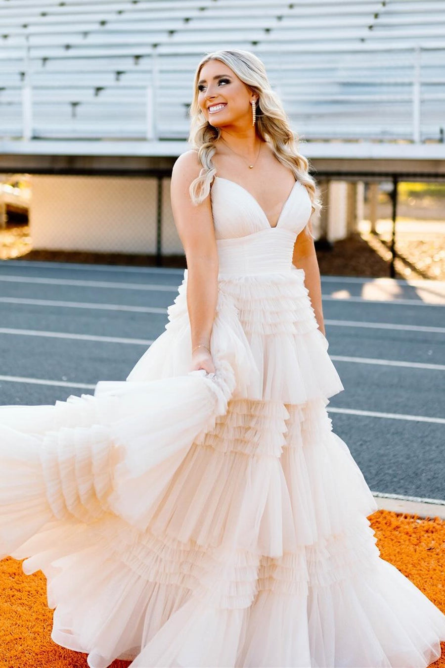 A-Line Spaghetti Straps Long Tiered Tulle Prom Dress With Split
