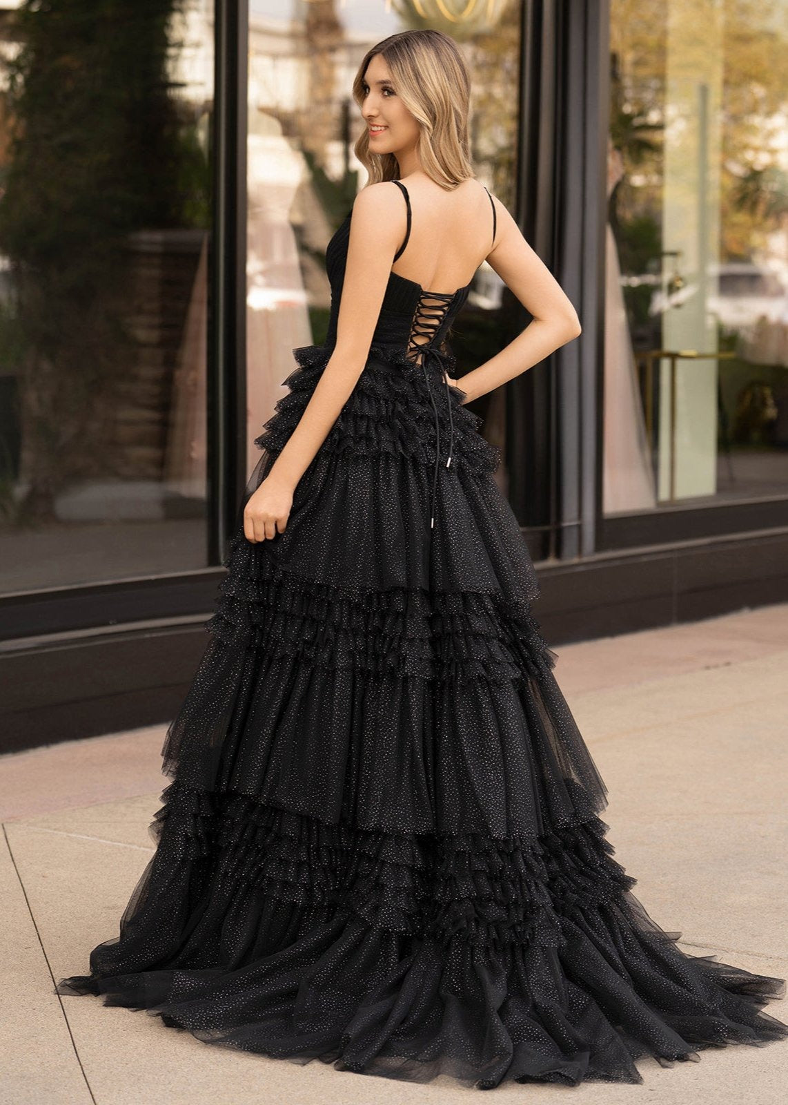 A-Line Spaghetti Straps Long Tiered Tulle Prom Dress With Split