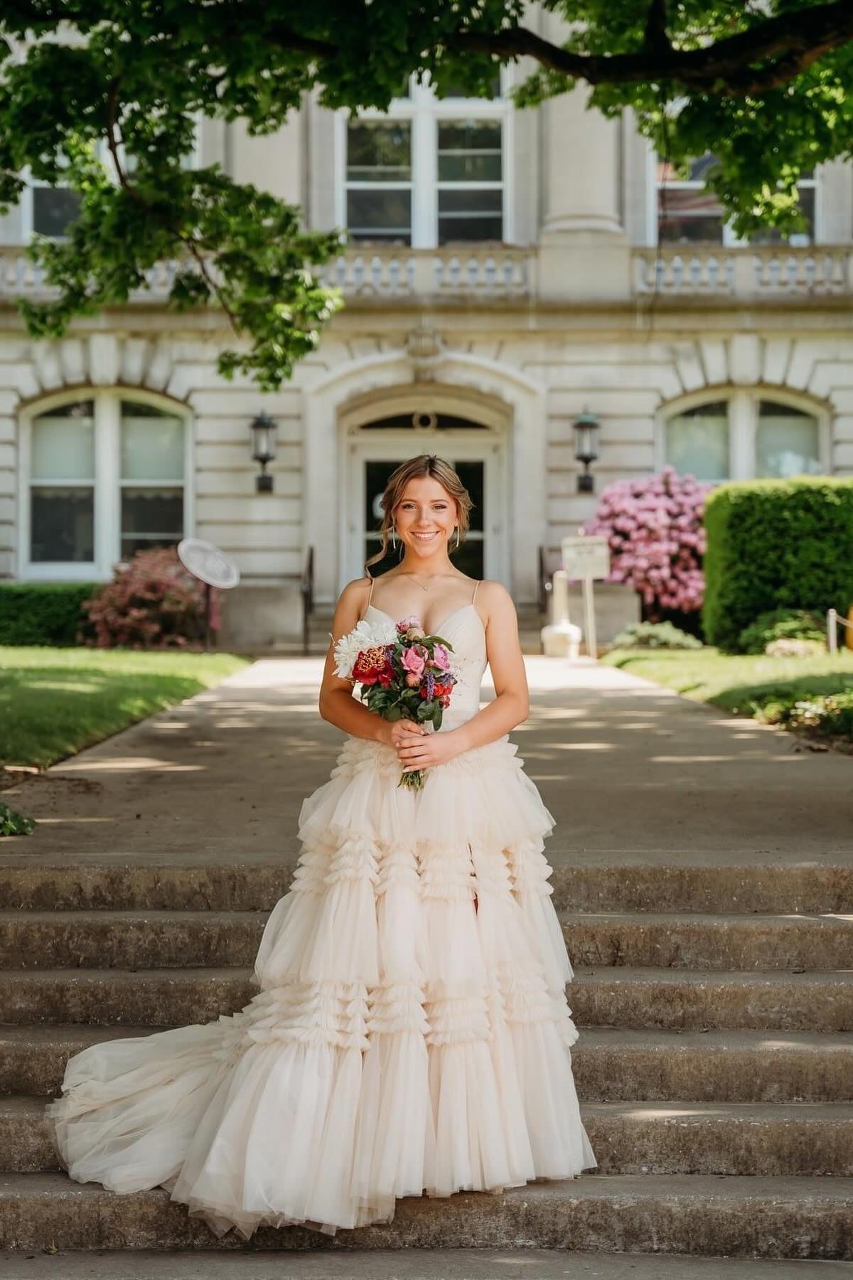 A-Line Spaghetti Straps Long Tiered Tulle Prom Dress With Split