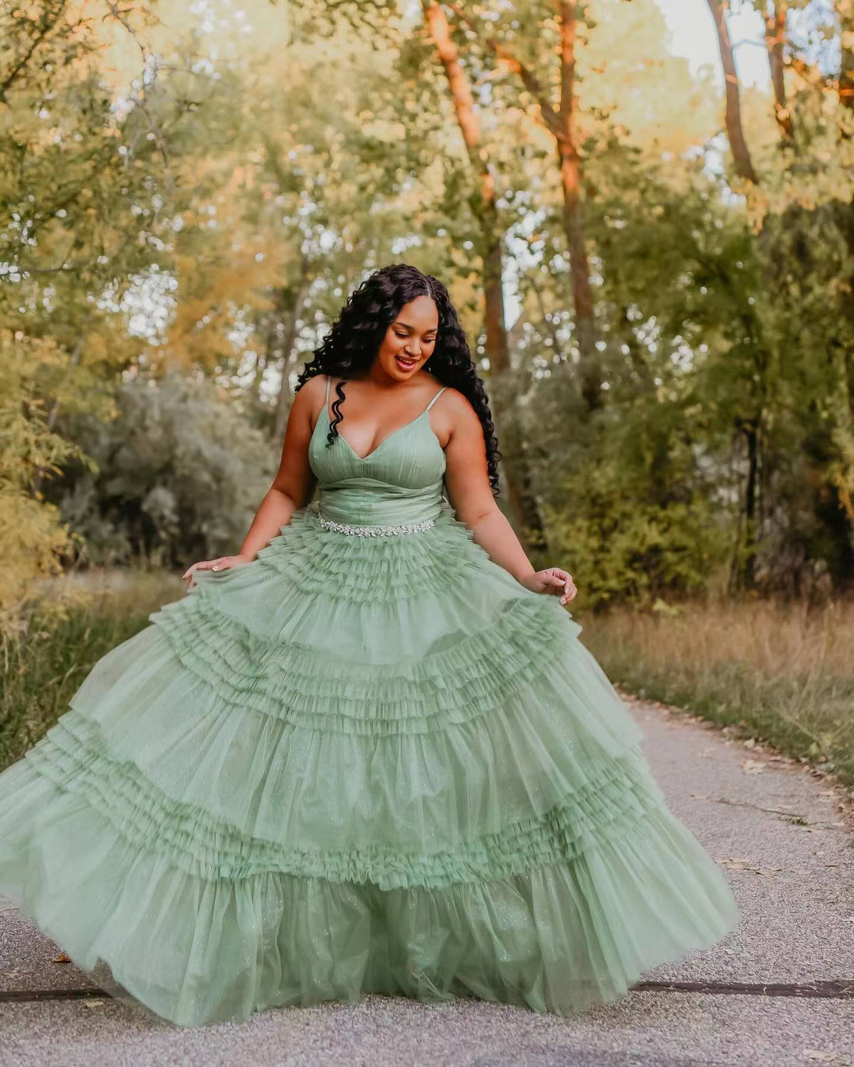 A-Line Spaghetti Straps Long Tiered Tulle Prom Dress With Split