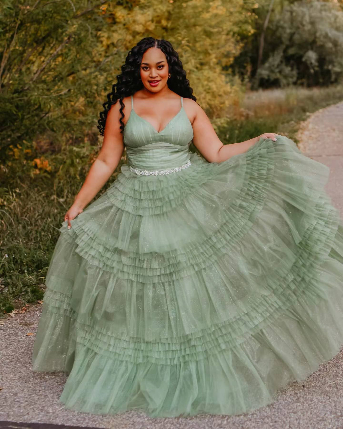 A-Line Spaghetti Straps Long Tiered Tulle Prom Dress With Split