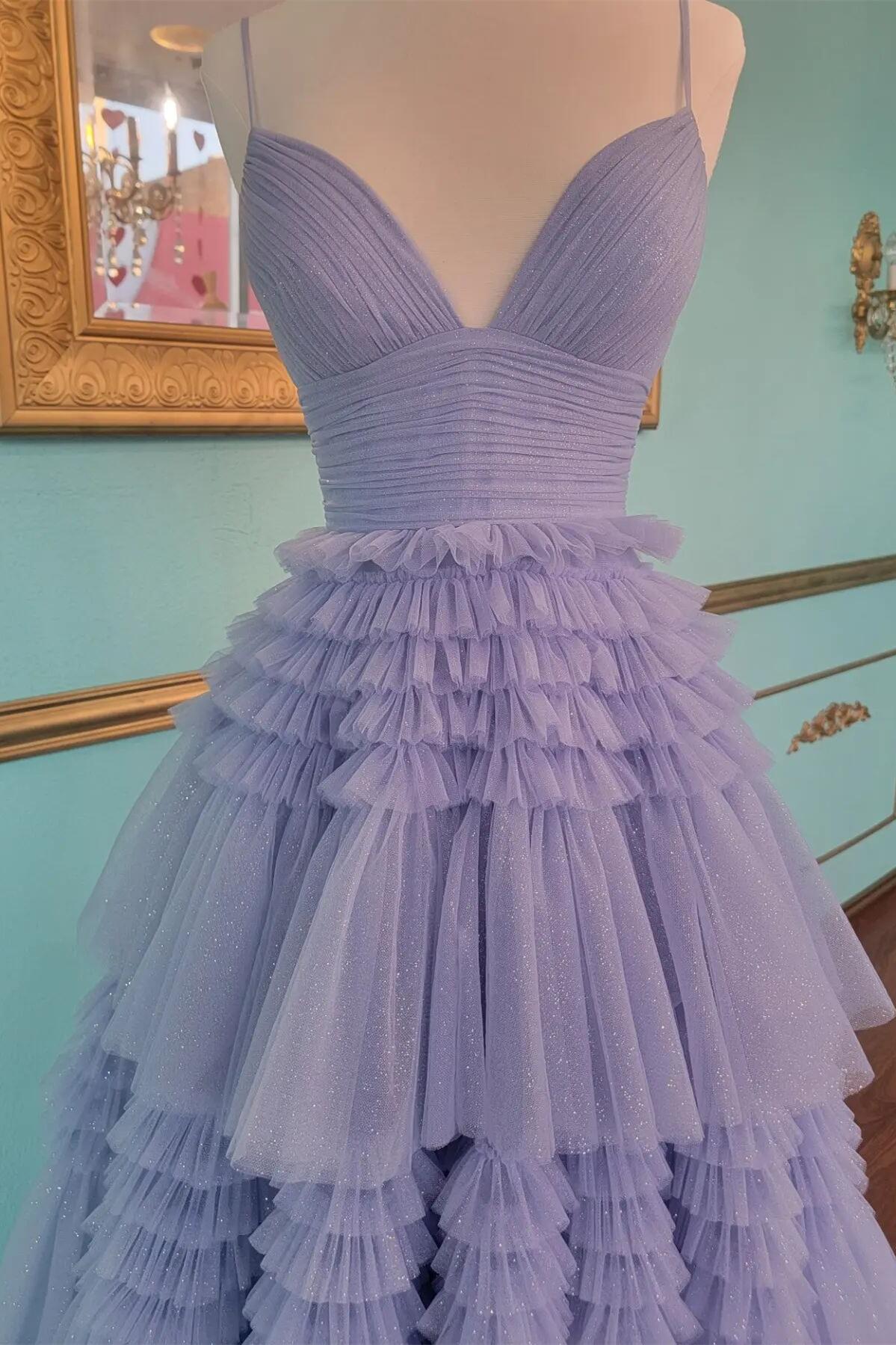 A-Line Spaghetti Straps Long Tiered Tulle Prom Dress With Split