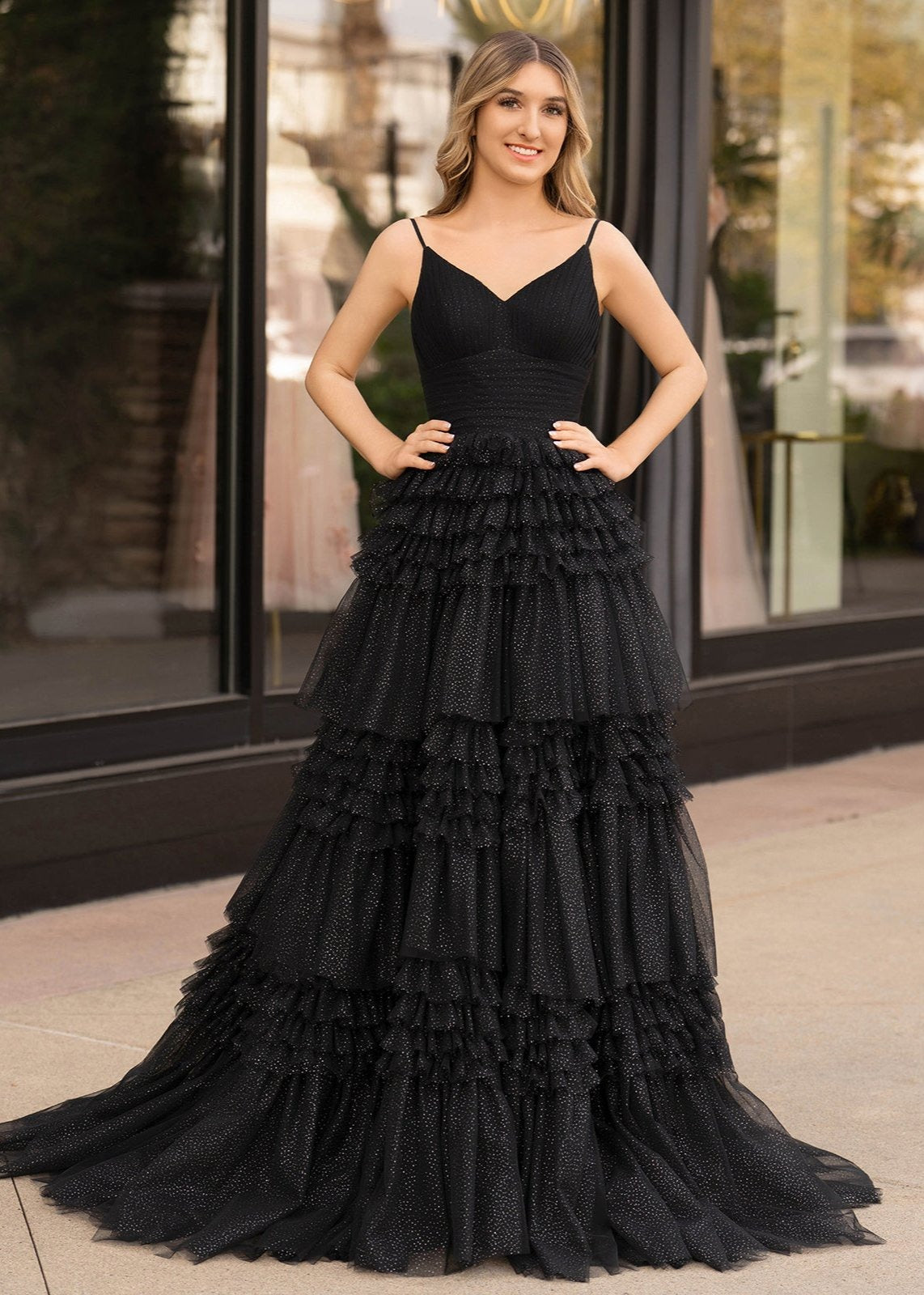 A-Line Spaghetti Straps Long Tiered Tulle Prom Dress With Split