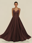 KissDress-Amirae Espresso A Line Chiffon V Neck Long Bridesmaid Dress with Cinched Waistline
