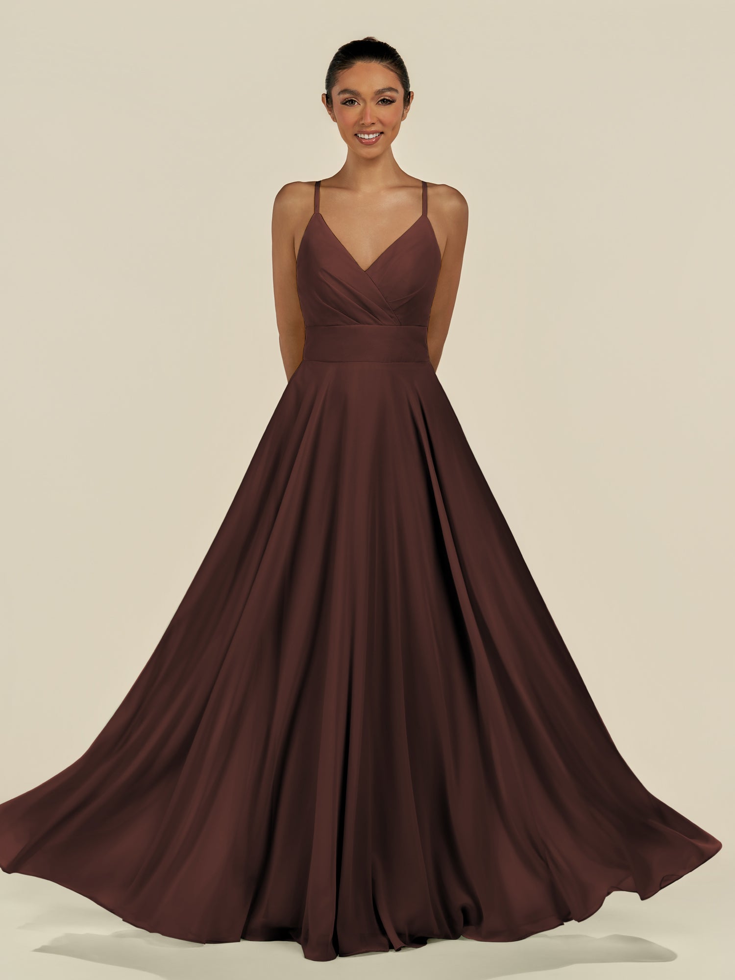 KissDress-Amirae Espresso A Line Chiffon V Neck Long Bridesmaid Dress with Cinched Waistline