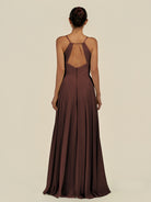 KissDress-Amirae Espresso A Line Chiffon V Neck Long Bridesmaid Dress with Cinched Waistline