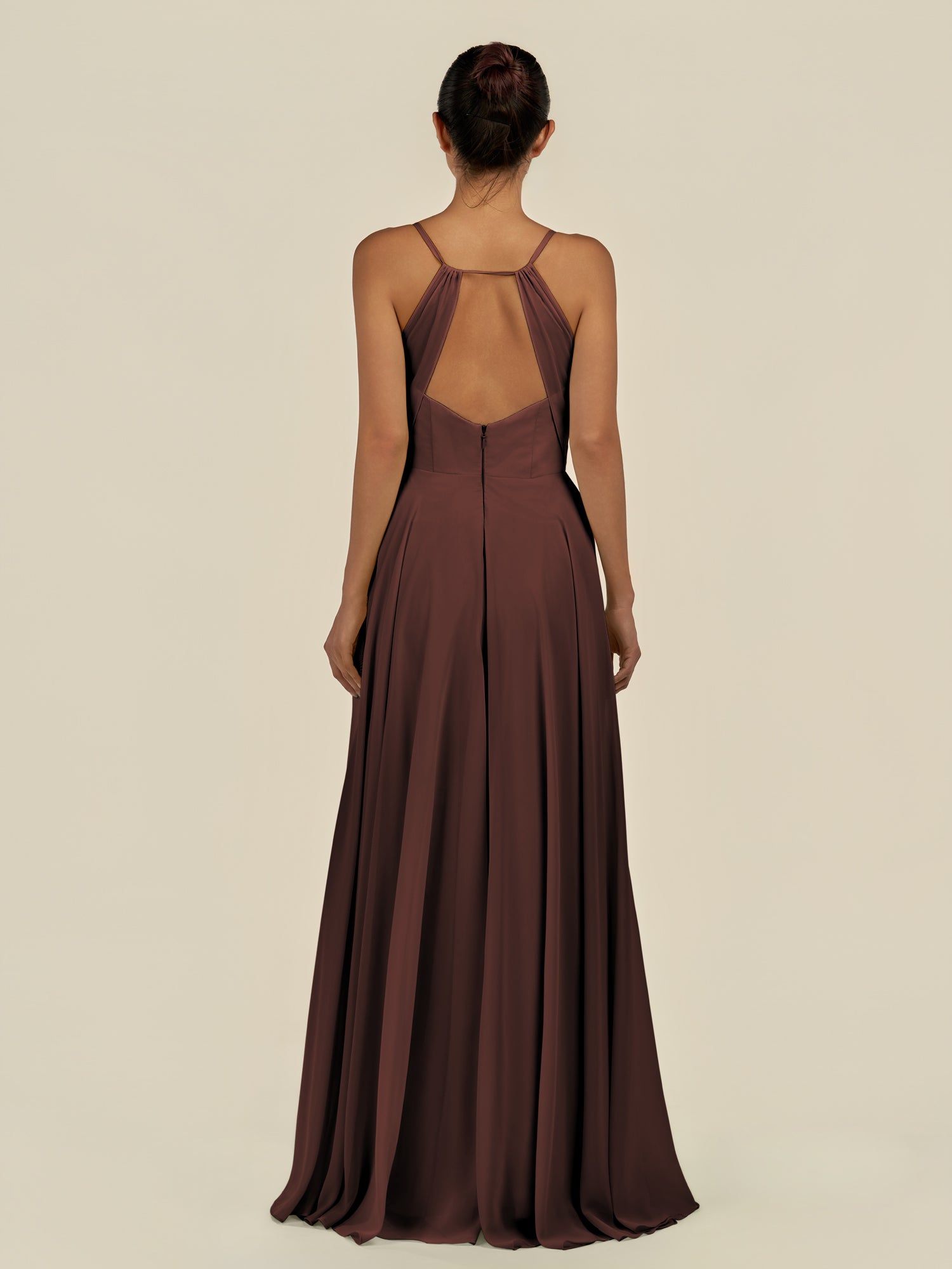 KissDress-Amirae Espresso A Line Chiffon V Neck Long Bridesmaid Dress with Cinched Waistline