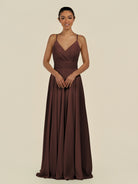 KissDress-Amirae Espresso A Line Chiffon V Neck Long Bridesmaid Dress with Cinched Waistline