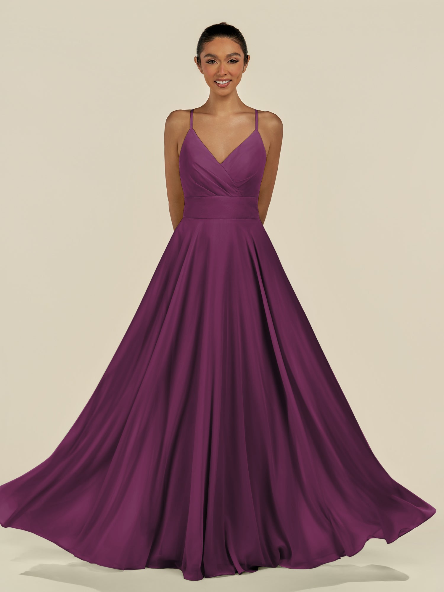 KissDress-Amirae Fig A Line Chiffon V Neck Long Bridesmaid Dress with Cinched Waistline