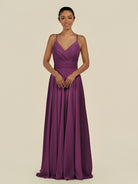 KissDress-Amirae Fig A Line Chiffon V Neck Long Bridesmaid Dress with Cinched Waistline
